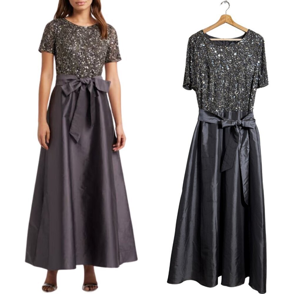 Pisarro Nights Beaded Bodice Satin Maxi Gown Women's 14 Gray Formal Wedding NWT